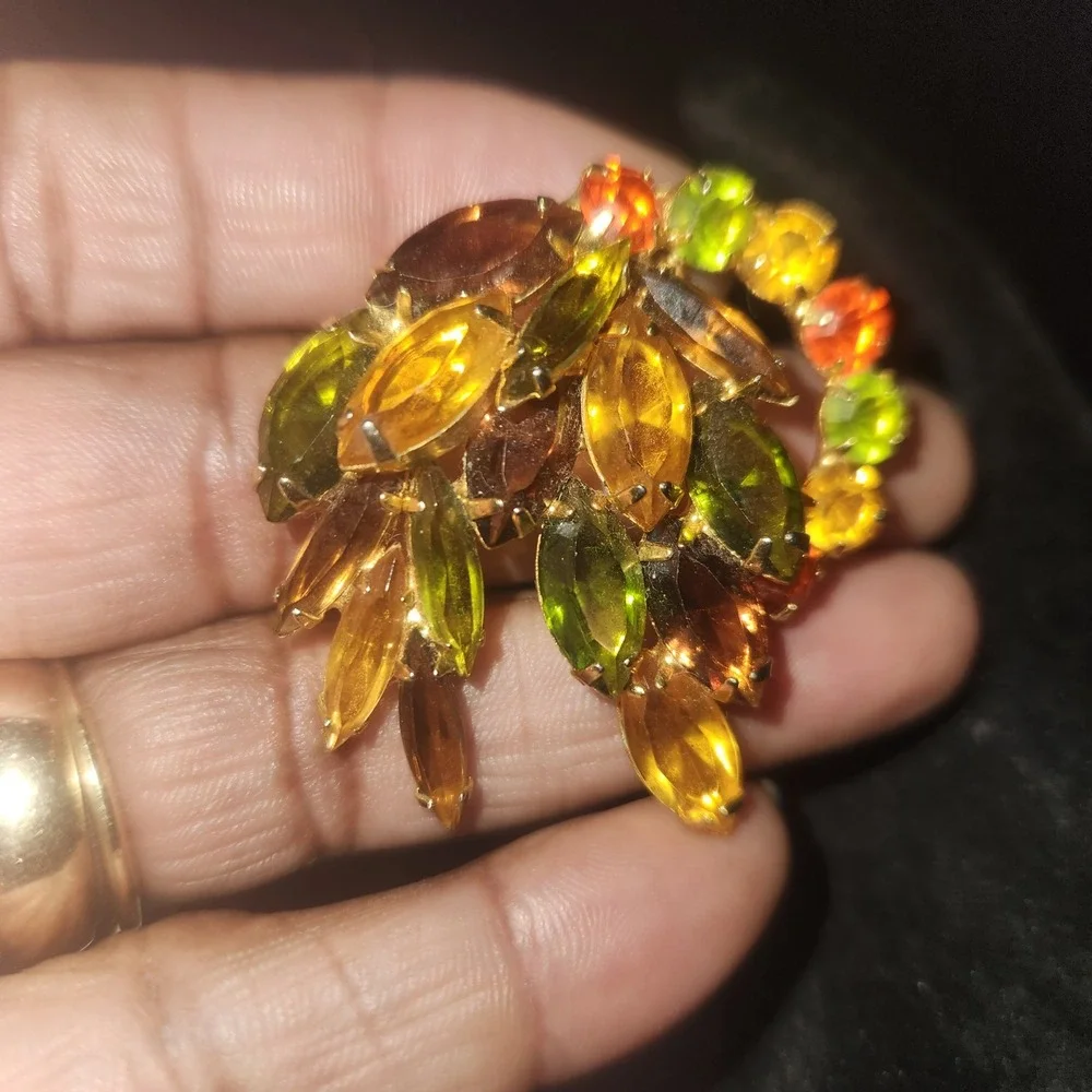 Vintage Amber Green Orange Rhinestone Layered Brooch Gold Tone Autumn Fall Jewel